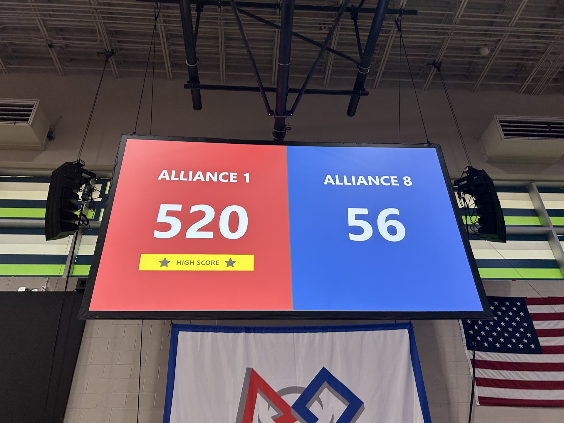 Arena scoreboard showing alliance scores and high score badge